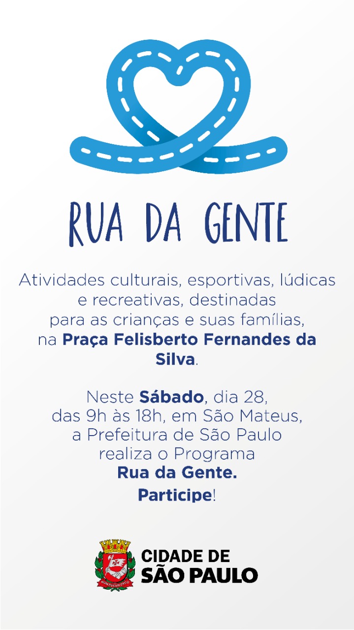 Convite para o evento Rua da Gente. Fundo branco, logo azul ilustra uma rua em formato de coração, detalhes em letras azuis escuro.